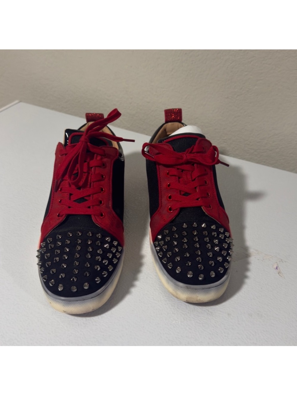 Christian Louboutin Black and Red Spiked Low-Top Sneakers - Picture 2 of 6